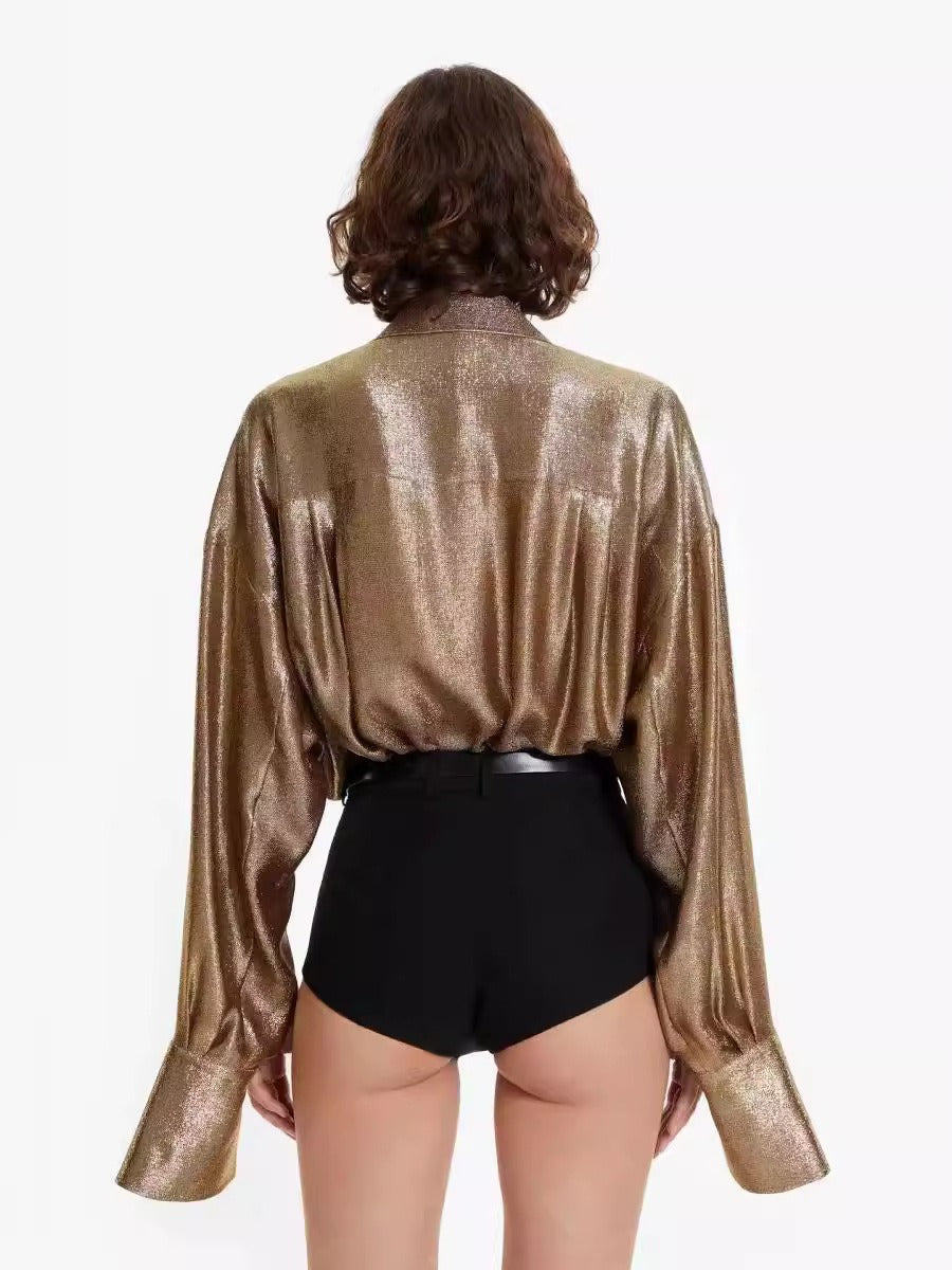 Hot stamping splicing high necked small shirt fake two shirts shirt for women