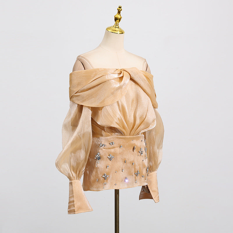 Gentle Temperament Intellectual Style Heavy Embroidery Diamond Sexy One-Shoulder Bow Short Dress