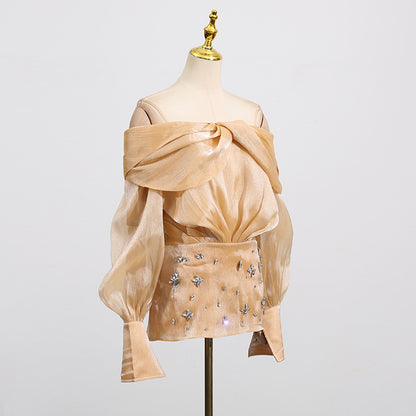 Gentle Temperament Intellectual Style Heavy Embroidery Diamond Sexy One-Shoulder Bow Short Dress