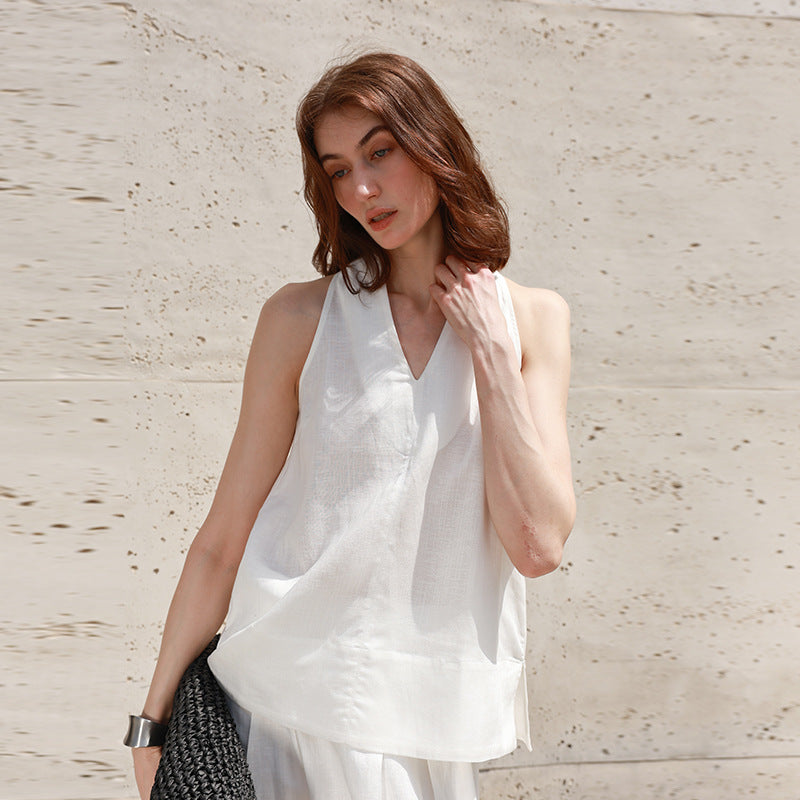 Linen French V-neck Halter Tank Top for Women Summer Vacation Style Strapless Blouse High-end