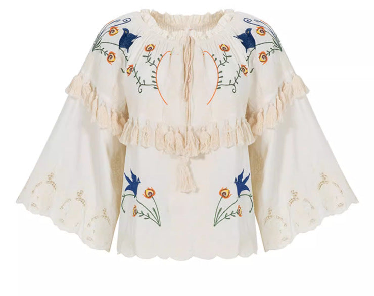 Flower embroidery hollow tassel one shoulder big trumpet sleeve shirt top