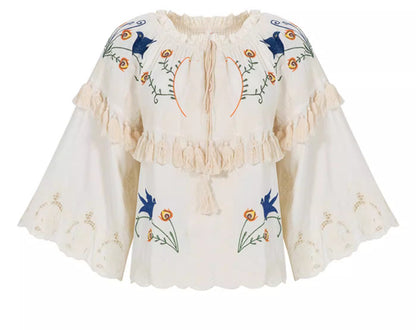 Flower embroidery hollow tassel one shoulder big trumpet sleeve shirt top
