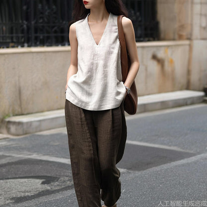 Linen French V-neck Halter Tank Top for Women Summer Vacation Style Strapless Blouse High-end