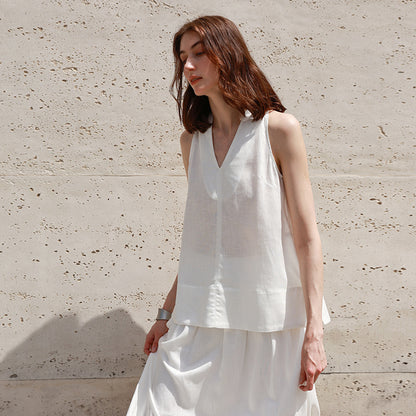 Linen French V-neck Halter Tank Top for Women Summer Vacation Style Strapless Blouse High-end