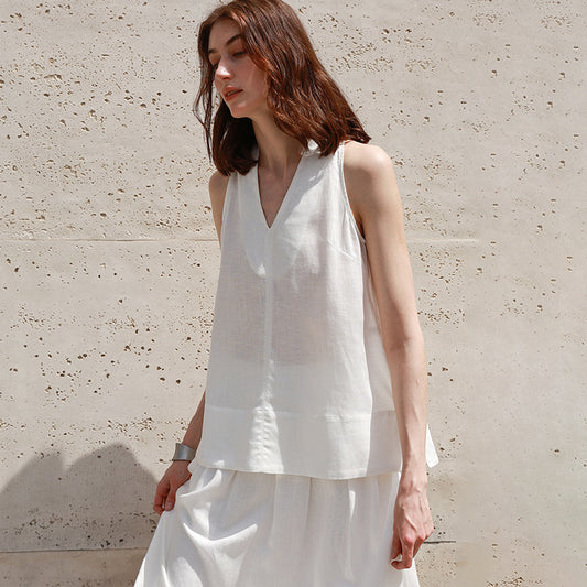 Linen French V-neck Halter Tank Top for Women Summer Vacation Style Strapless Blouse High-end