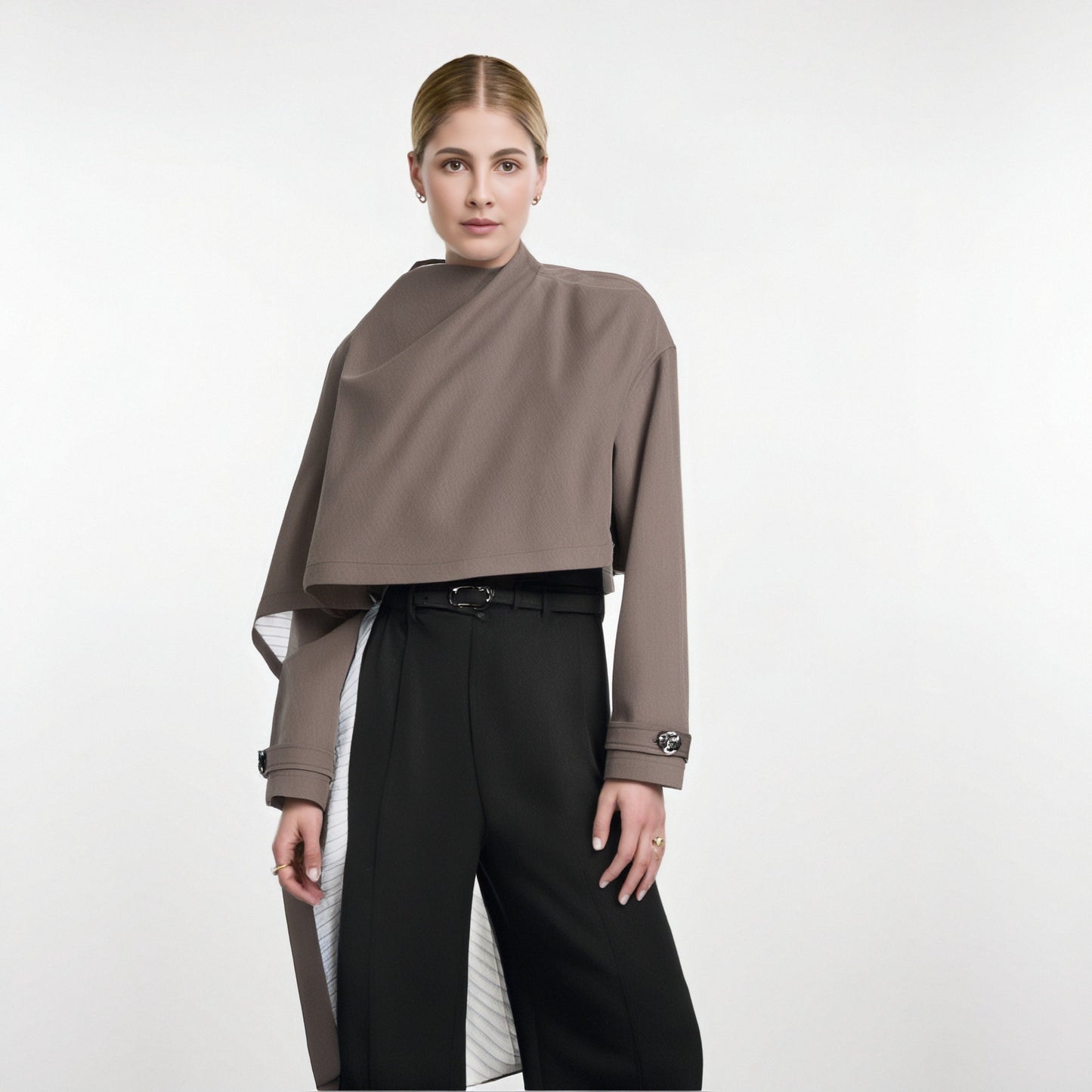 Solid Spliced Button Chic Irregular Short Coats For Women Turtleneck Long Sleeve Asymmetrical Jacket Female Fashion