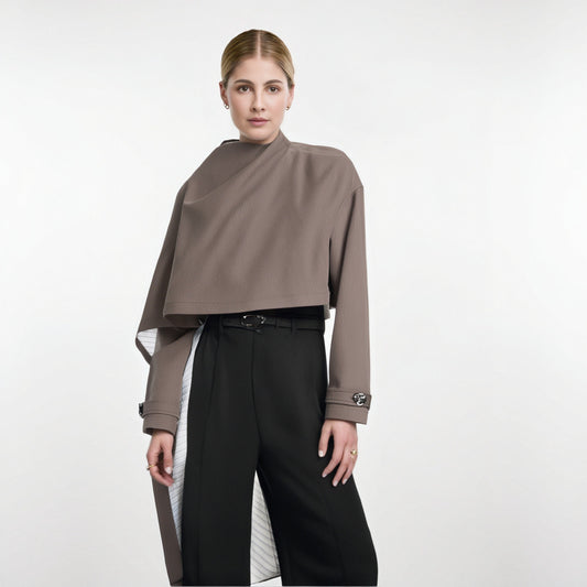 Solid Spliced Button Chic Irregular Short Coats For Women Turtleneck Long Sleeve Asymmetrical Jacket Female Fashion