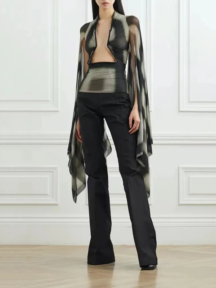 Stretchy Slim y2k Top Sexy Hottie Scoop Cutout Hollow Fixed Frame Long Sleeve Woman clothing Bottom Knit Bat Tops  Fall New