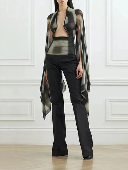 Stretchy Slim y2k Top Sexy Hottie Scoop Cutout Hollow Fixed Frame Long Sleeve Woman clothing Bottom Knit Bat Tops  Fall New