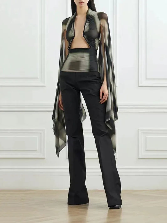 Stretchy Slim y2k Top Sexy Hottie Scoop Cutout Hollow Fixed Frame Long Sleeve Woman clothing Bottom Knit Bat Tops  Fall New