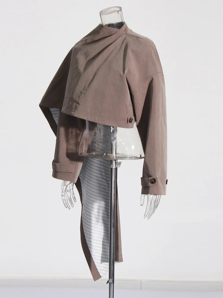 Solid Spliced Button Chic Irregular Short Coats For Women Turtleneck Long Sleeve Asymmetrical Jacket Female Fashion