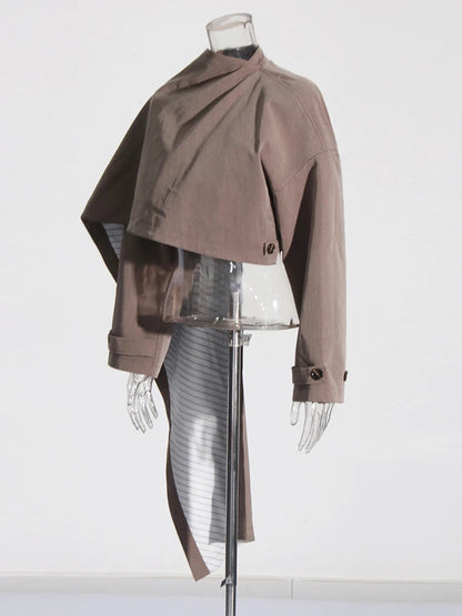 Solid Spliced Button Chic Irregular Short Coats For Women Turtleneck Long Sleeve Asymmetrical Jacket Female Fashion