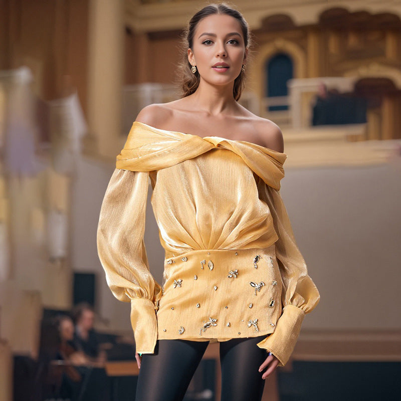 Gentle Temperament Intellectual Style Heavy Embroidery Diamond Sexy One-Shoulder Bow Short Dress