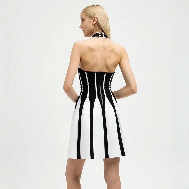 Women's knitted ice silk striped dress with halter neck and open back design
