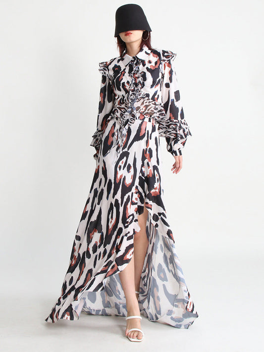 Two Piece Set Womens Stand Collar Long Sleeve Tops High Waist Irregular Hem Skirts Colorblock Vintage Sets Female