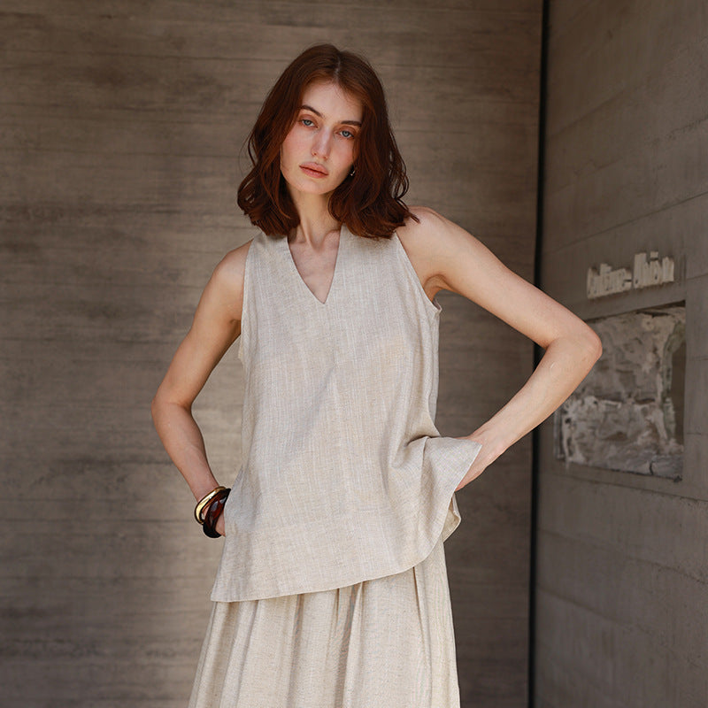 Linen French V-neck Halter Tank Top for Women Summer Vacation Style Strapless Blouse High-end