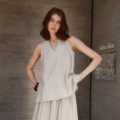 Linen French V-neck Halter Tank Top for Women Summer Vacation Style Strapless Blouse High-end