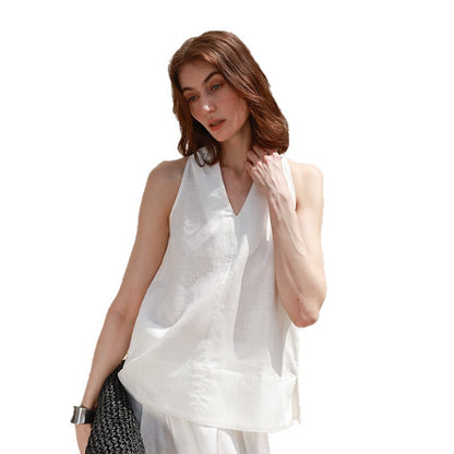 Linen French V-neck Halter Tank Top for Women Summer Vacation Style Strapless Blouse High-end