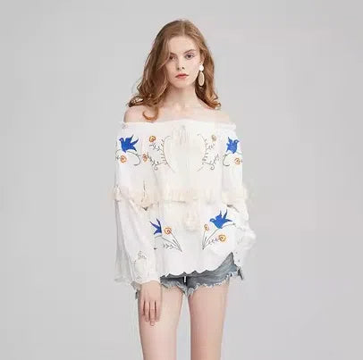Flower embroidery hollow tassel one shoulder big trumpet sleeve shirt top